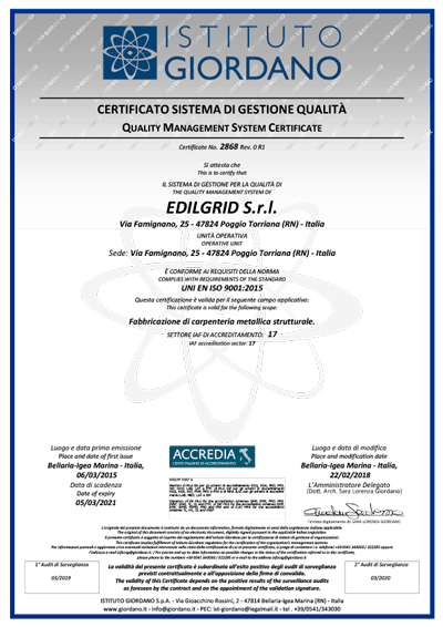 CERTIFICAZIONE UNI EN ISO 9001:2015 - Edilgrid